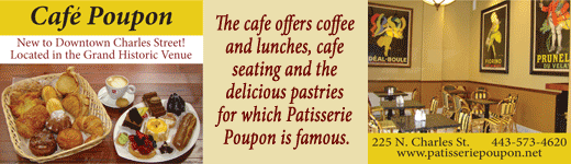 Cafe Poupon in the Grand Historic Venue, image of delicious pastries, coffee and cafe seating on Historic Charles Street Baltimore MD