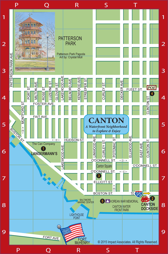 Baltimore Harbor Guide's Canton Map featuring the locations of our BHG Local Favorites including restaurants, bars, Maryland seafood & crab house, Edgar Allen Poe-themed tavern, Indian cuisine, Maryland Korean War Memorial at Canton Waterfront Park; also showing Patterson Park & Crystal Moll's artwork image of the Patterson Park Pagoda 