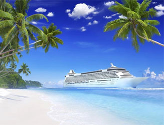Image of a luxurious cruise ship with beautiful white sand beach and clear blue ocean in the foreground framed by luscious green palm trees and a deep blue sky