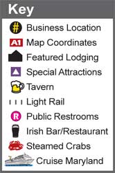 Key for our BHG Baltimore's Historically Hip Federal Hill Map featuring icons for business locations, map coordinates, featured lodging, special attractions, tavern, light rail, public restrooms, Irish bar/restaurant, steamed crabs and Cruise Maryland