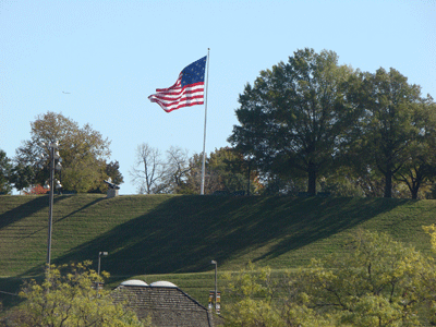 Federal Hill Park with large replica of the 1814 15-star and 15-stripe U.S. Flag that flew over Fort McHenry during the Battle of Baltimore Maryland