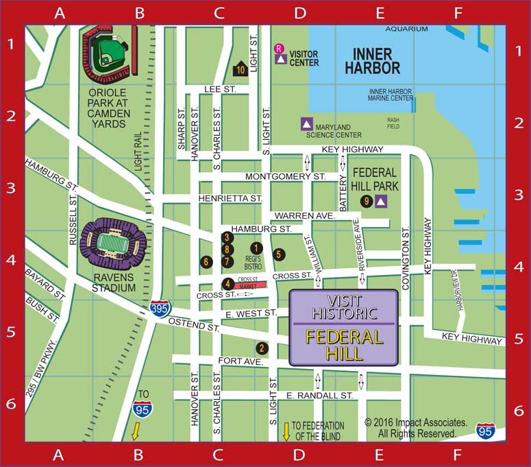 Baltimore Harbor Guide's Federal Hill Map featuring the locations of our BHG Local Favorites including restaurants, bars, bistro &amp; cafe, gallery &amp; shopping, neighborhood market, attractions including live comedy magic shows &amp; Federal Hill Park, and Royal Sonesta Harbor Court hotel; also showing locations of Ravens Stadium and Maryland Science Center