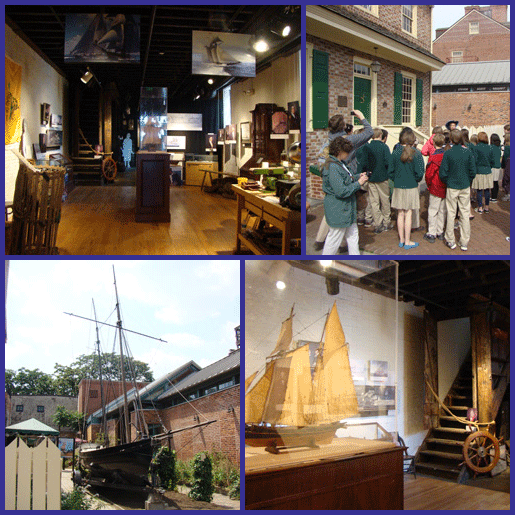 Fell's Point Visitor Center and Preservation Society images: interior of Visitor Center Museum, Robert Long House tour, quarter-scale model of historic Baltimore Clipper Ship in the Robert Long House Courtyard 812 South Ann Street, Model Ship and Large Ship's Wheel in Museum Baltimore MD