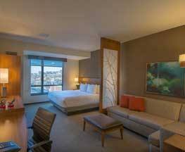 Image of spacious, attractive Hyatt Place guestroom with Hyatt Grand Bed®, Cozy Corner sofa sleeper, & separate work space, Harbor East Baltimore MD