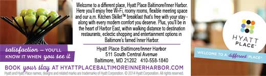 Hyatt Place hotel - Welcome to a different place, Satisfaction - you'll know when you see it, featuring free Wi-Fi, roomy rooms, free breakfast, and every modern comfort you deserve, 511 South Central Avenue Harbor East within walking distance to all of Baltimore's famed Inner Harbor restaurants, shopping, entertainment; including colorful Hyatt Place logo and attractively displayed fresh apples