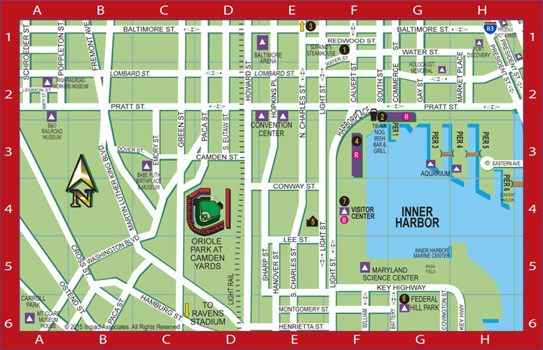 Baltimore Harbor Guide's Inner Harbor Map featuring the locations of our BHG Local Favorites including restaurants, bars, French cafe &amp; bakery, shopping, attractions, the Royal Sonesta Harbor Court hotel &amp; the Baltimore Visitor Center; also showing locations of Oriole Park at Camden Yards, Baltimore Arena, Baltimore Convention Center, Federal Hill Park, National Aquarium, Maryland Science Center, Port Discovery Museum, Holocaust Museum, B &amp; O Railroad Museum, Babe Ruth Museum, Sports Legends Museum, and Mount Claire Museum House