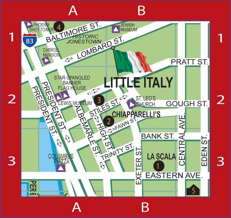 Baltimore Harbor Guide's Little Italy Map featuring the locations of our BHG Local Favorites including Italian restaurants & bars, Italian wine bar, brick oven pizza, Italian deli & fresh subs, French patisserie, indoor bocce ball court, Persian restaurant, Hyatt Place Hotel; also showing locations of Saint Leo's Church, Flag House Museum, Jewish Museum, Reginald Lewis Museum, Phoenix Shot Tower, Historic Jonestown, Columbus Piazza