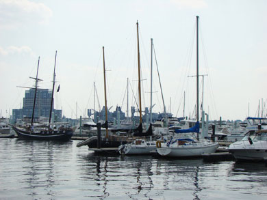 Serene image of sailboats docked in the harbor in Fell's Point, Baltimore MD