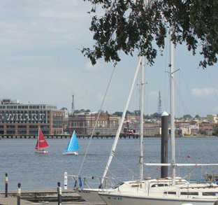 Fell's Point Viewed from Baltimore Museum of Industry with Sailboats on the Harbor and Bond Street Wharf