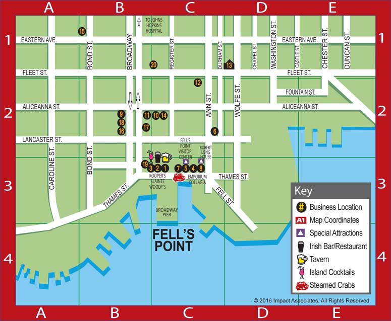 Baltimore Harbor Guide's Fell's Point Map featuring the locations of our BHG Local Favorites including restaurants, bars, taverns, boutiques, shops, salons, comics, Fell's Point Visitor Center, Robert Long House, luxury lodging, tattoo museum, and Broadway Pier, Baltimore MD