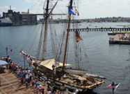 Image of sailboat docked at pier in Fell's Point with great view of the harbor viewed from above during the Star-Spangled Sailabration in June 2012, Baltimore, MD 